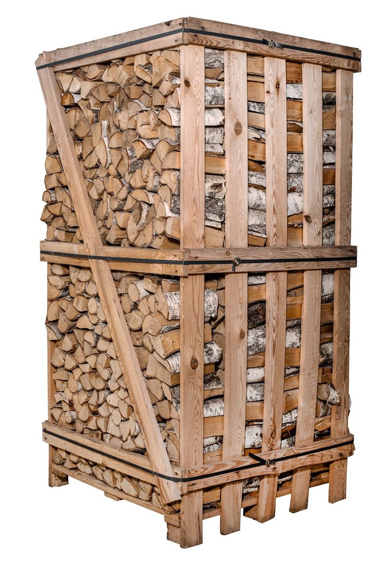 Palette de bûches de bouleau de 30 à 33 cm, vue de trois quarts