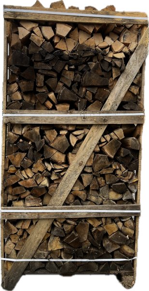 Palette de bûches de chêne de qualité B, bois partiellement noirci et grossièrement fendu